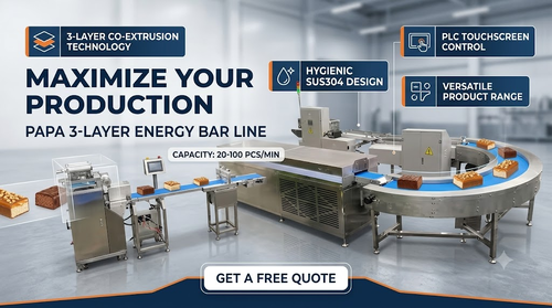 ข่าวล่าสุดของบริษัทเกี่ยวกับ PAPA Machinery Unveils Advanced Three-Layer Energy Bar Machine for High-Capacity Protein Bar Manufacturing