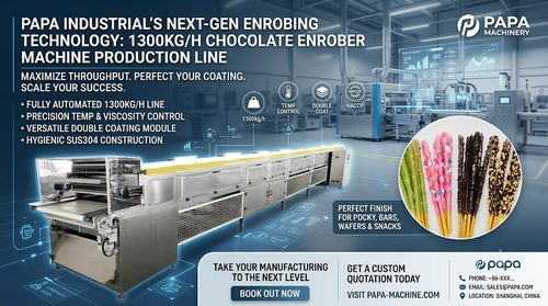 ข่าวล่าสุดของบริษัทเกี่ยวกับ Papa Industrial Launches High-Capacity 1300kg/h Double Coating Chocolate Enrober Machine Line